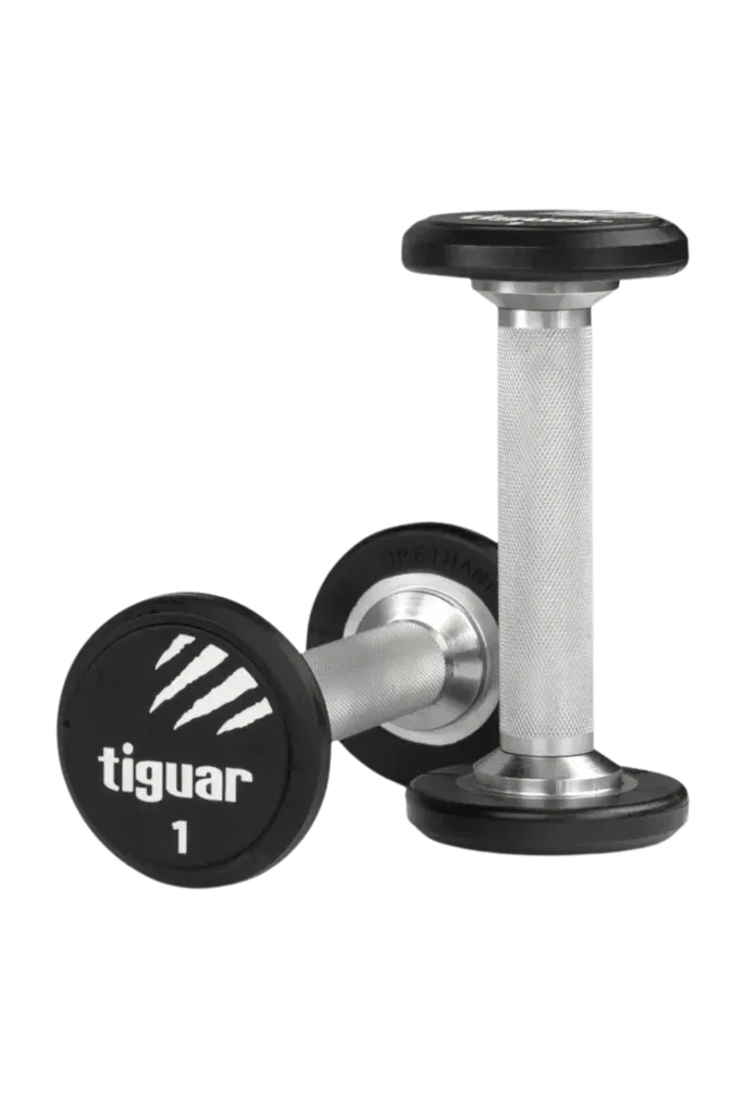 Abgebildet sind zwei silberne Hanteln mit schwarzen, runden Enden. Eine Hantel steht aufrecht, während die andere waagerecht liegt. Auf dem Ende der waagerecht liegenden Hantel sind das Wort tiguar und die Zahl 1 aufgedruckt.