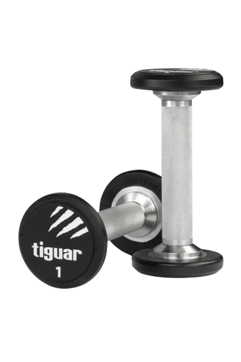 Abgebildet sind zwei silberne Hanteln mit schwarzen, runden Enden. Eine Hantel steht aufrecht, während die andere waagerecht liegt. Auf dem Ende der waagerecht liegenden Hantel sind das Wort tiguar und die Zahl 1 aufgedruckt.