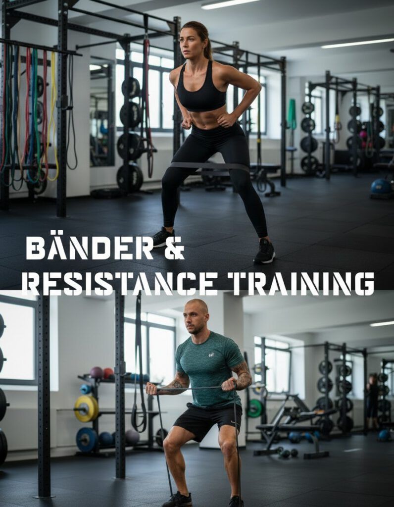 Zwei Personen trainieren mit Widerstandsbändern in einem Fitnessstudio, eine Frau macht Ausfallschritte und ein Mann geht in die Hocke. Der Text lautet: Bänder & Widerstandstraining. Im Hintergrund sind verschiedene Fitnessgeräte zu sehen.