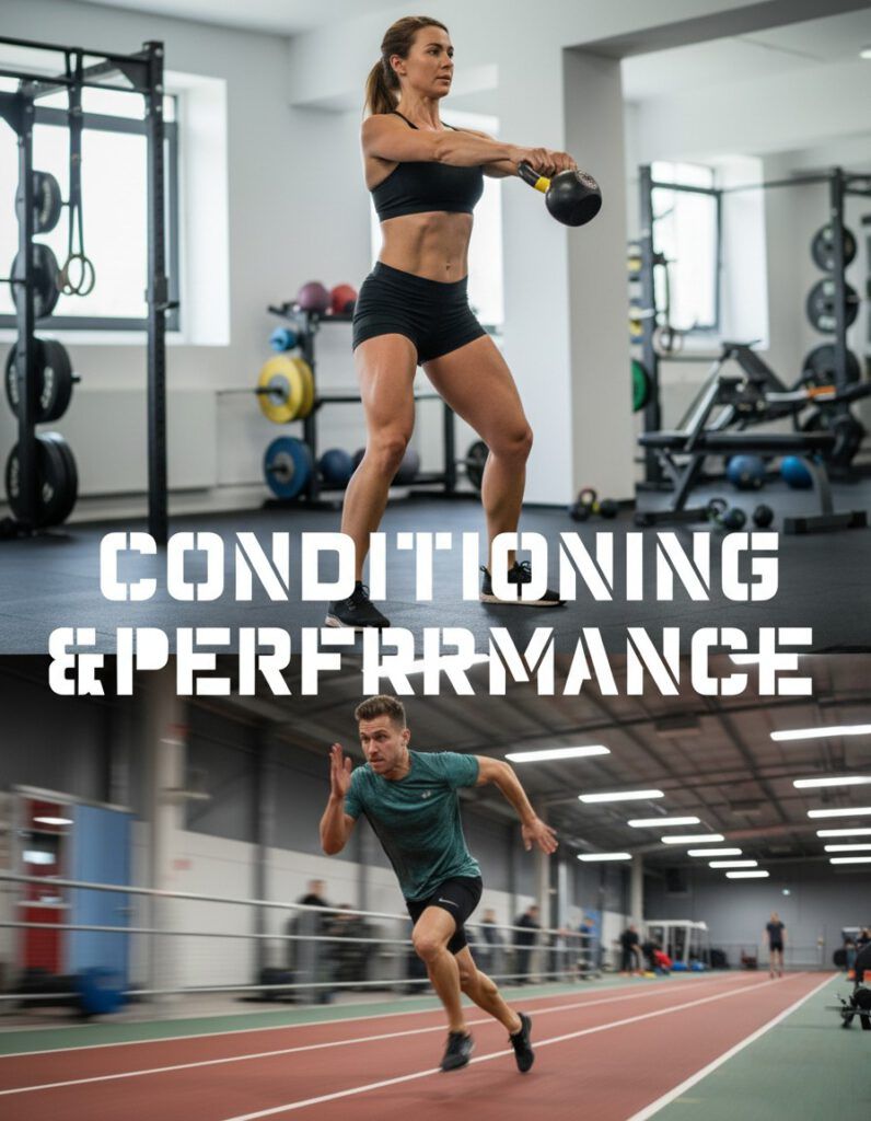 Eine Frau hebt eine Kettlebell in einem Fitnessstudio, und ein Mann sprintet auf einer Indoor-Bahn. Die Worte Conditioning & Performance erscheinen in fettgedruckter Schrift in der Mitte.