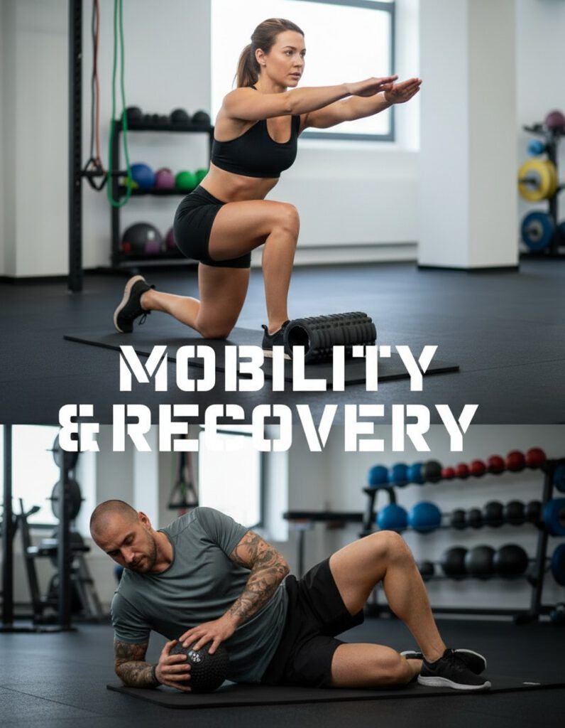 Eine Frau führt eine Dehnungsübung mit ausgestreckten Armen durch, während sie auf einer Schaumstoffrolle kniet; unten benutzt ein Mann eine Schaumstoffrolle für seine Hüfte. Der Text lautet Mobilität & Erholung. Im Hintergrund sind Fitnessstudio-Geräte zu sehen.