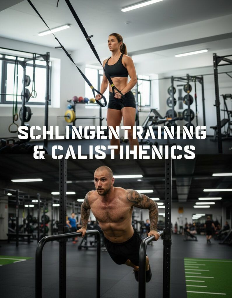 Eine Frau benutzt Hängebänder und ein Mann macht Dips am Barren in einem Fitnessstudio, mit dem Text Schlingentraining & Calisthenics in fetten weißen Buchstaben in der Mitte.