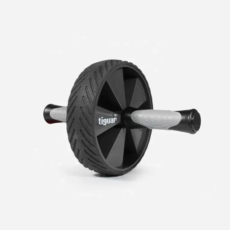Ein schwarzer Bauchmuskelroller mit strukturiertem Rad, grauen Griffen und dem aufgedruckten Markennamen tiguar vor einem schlichten weißen Hintergrund.