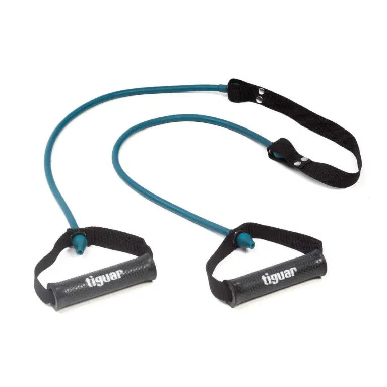 Ein tealfarbenes Widerstandsband mit schwarzen Griffen und einem Knöchelriemen, das für Fitness- und Krafttraining verwendet wird. Die Griffe sind mit 