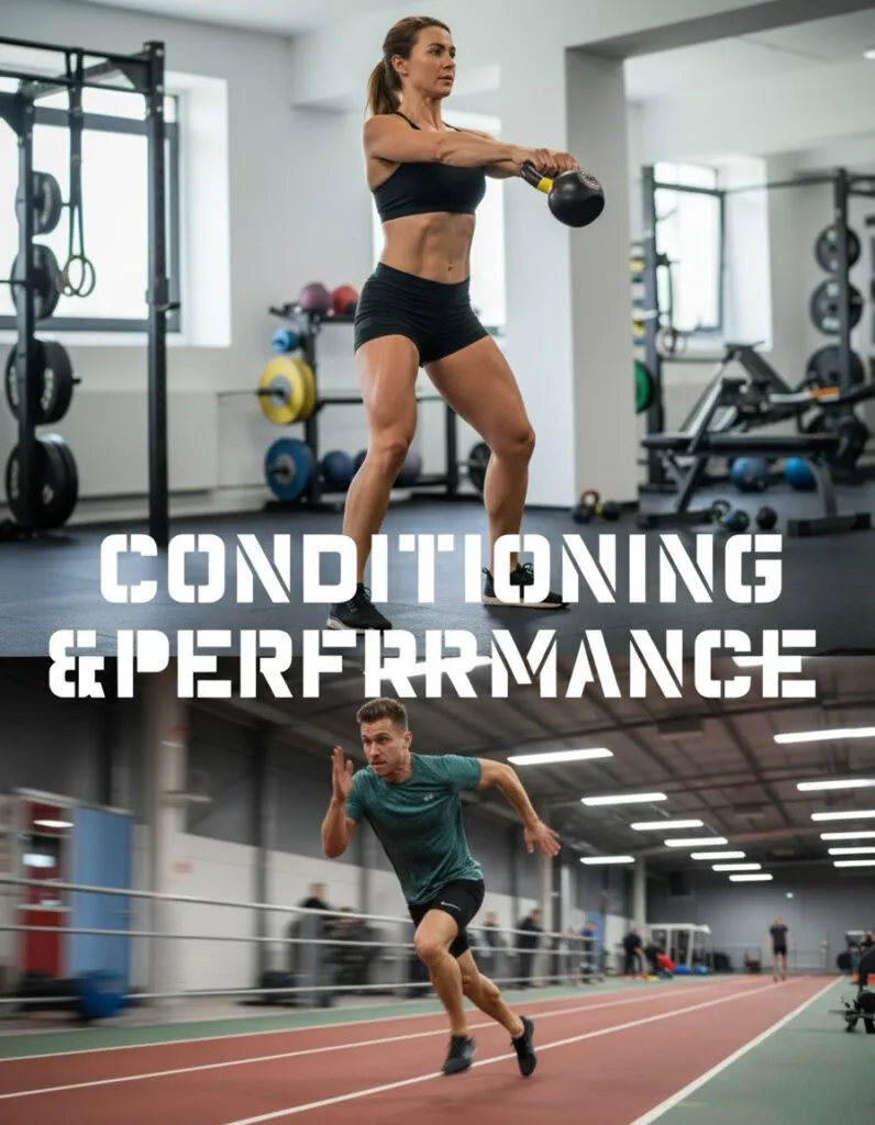 Eine Frau hebt eine Kettlebell in einem Fitnessstudio, und ein Mann sprintet auf einer Indoor-Bahn. Die Worte Conditioning & Performance erscheinen in fettgedruckter Schrift in der Mitte.