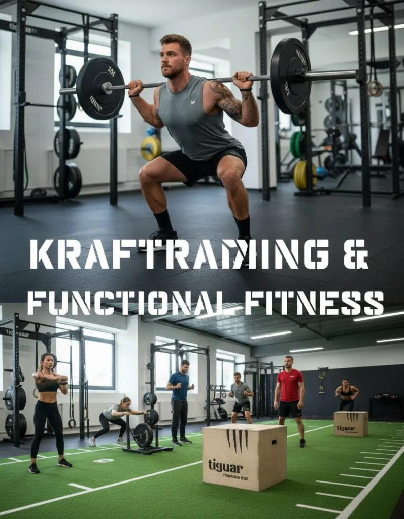 Ein Mann stemmt eine Langhantel in einem Fitnessstudio; darunter trainiert eine Gruppe mit Langhanteln und Plyo-Boxen auf grünem Rasen. Großer Text: 