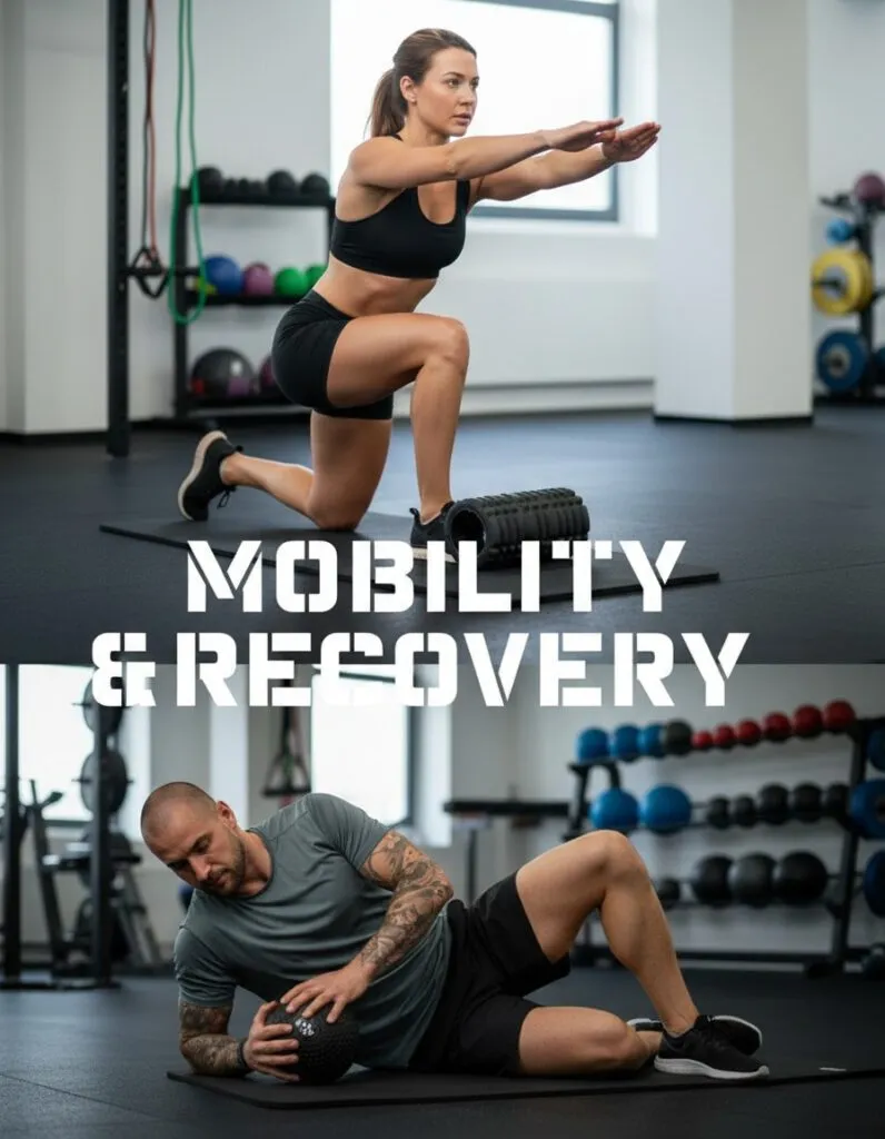 Eine Frau führt eine Dehnungsübung mit ausgestreckten Armen durch, während sie auf einer Schaumstoffrolle kniet; unten benutzt ein Mann eine Schaumstoffrolle für seine Hüfte. Der Text lautet Mobilität & Erholung. Im Hintergrund sind Fitnessstudio-Geräte zu sehen.