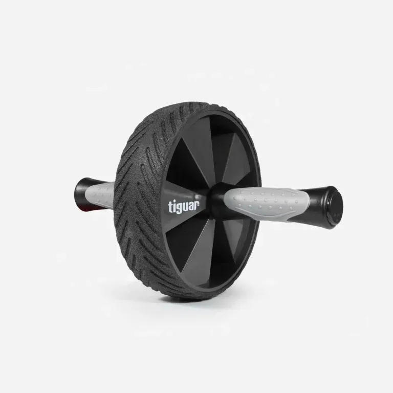 Ein schwarzer Bauchmuskelroller mit strukturiertem Rad, grauen Griffen und dem aufgedruckten Markennamen tiguar vor einem schlichten weißen Hintergrund.