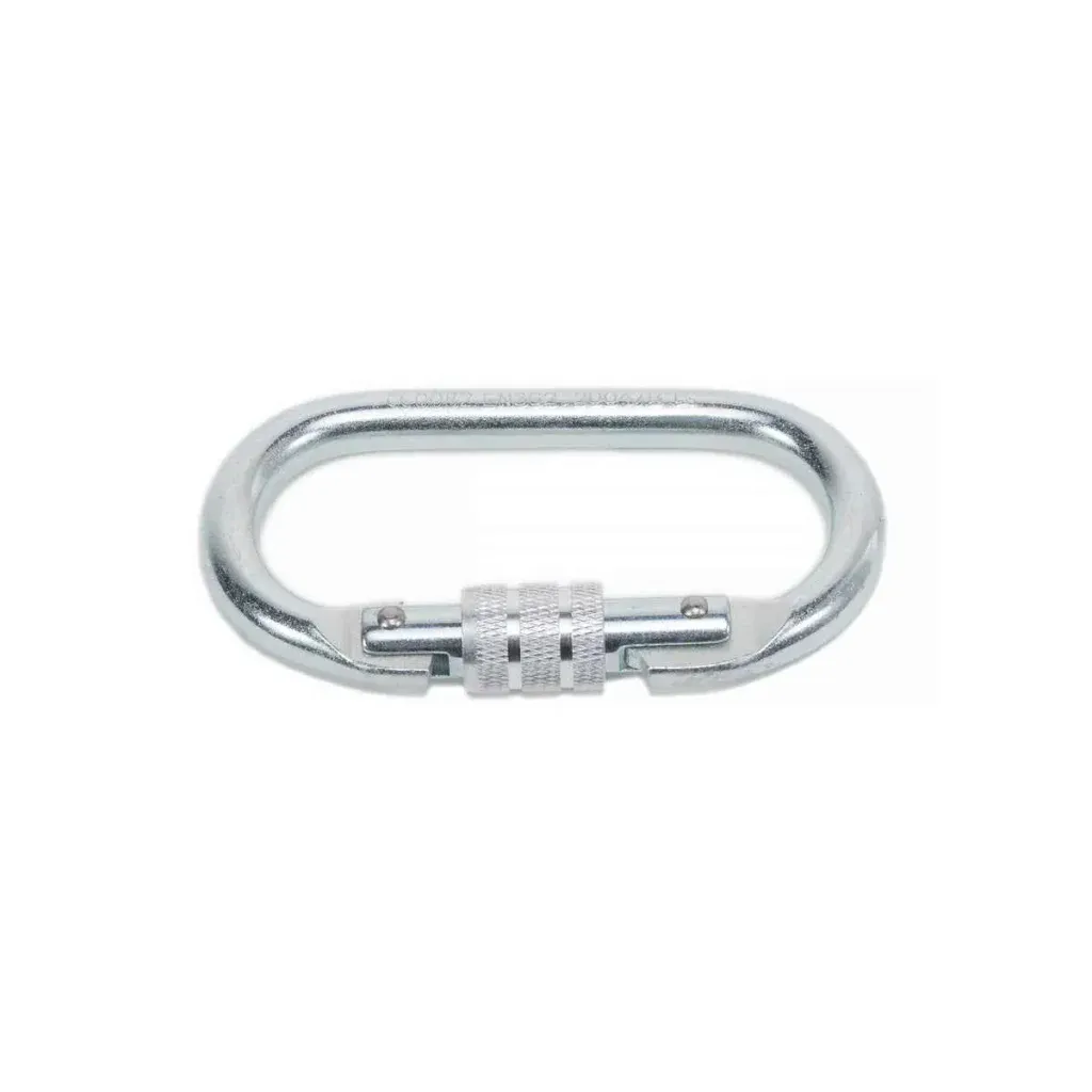 Ein ovaler Karabiner aus silbernem Metall mit Schraubverschluss, fotografiert vor einem weißen Hintergrund.