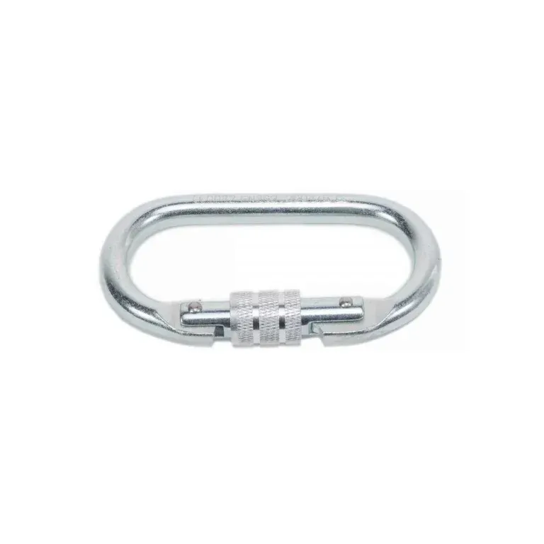 Ein ovaler Karabiner aus silbernem Metall mit Schraubverschluss, fotografiert vor einem weißen Hintergrund.