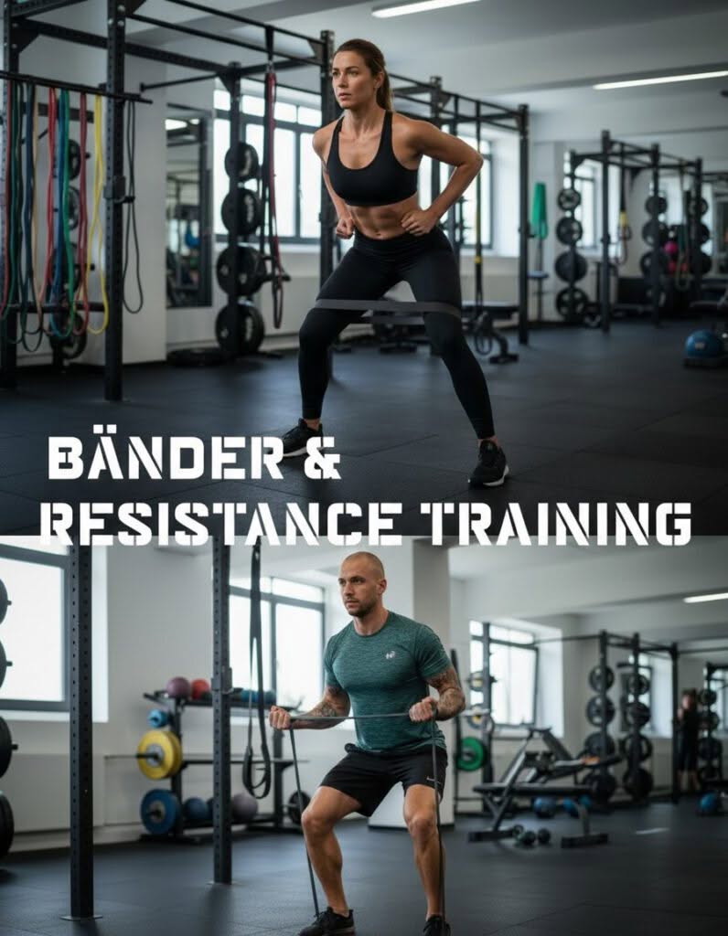 Zwei Personen trainieren mit Widerstandsbändern in einem Fitnessstudio, eine Frau macht Ausfallschritte und ein Mann geht in die Hocke. Der Text lautet: Bänder & Widerstandstraining. Im Hintergrund sind verschiedene Fitnessgeräte zu sehen.