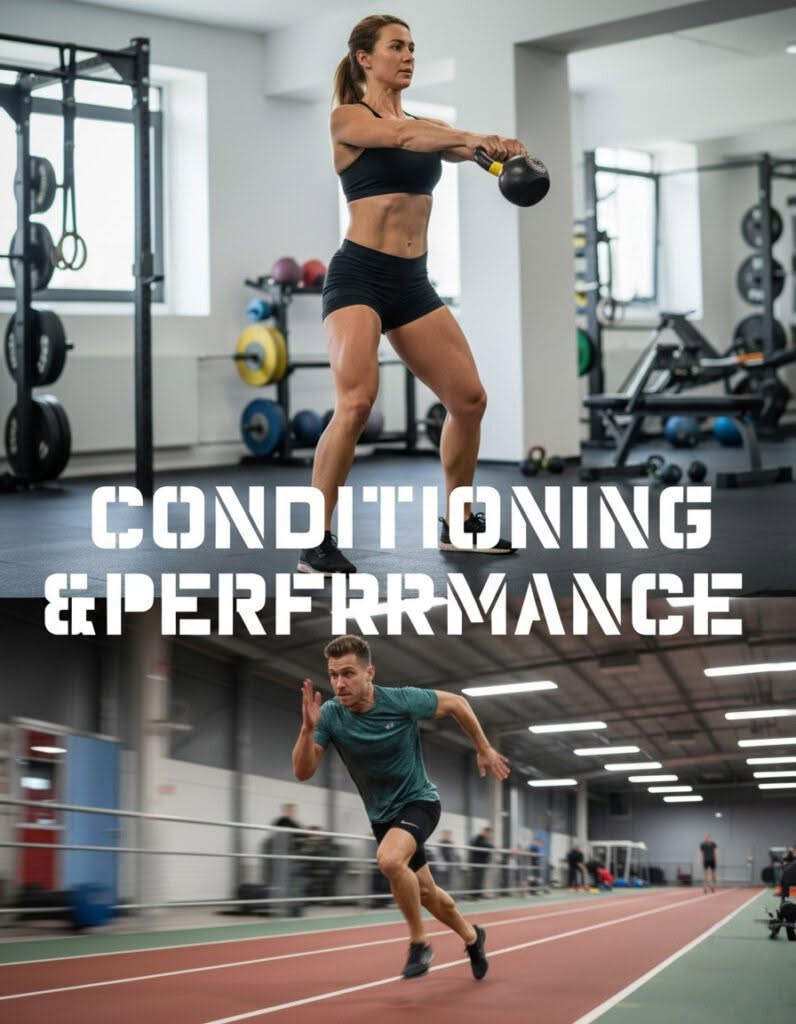 Eine Frau hebt eine Kettlebell in einem Fitnessstudio, und ein Mann sprintet auf einer Indoor-Bahn. Die Worte Conditioning & Performance erscheinen in fettgedruckter Schrift in der Mitte.