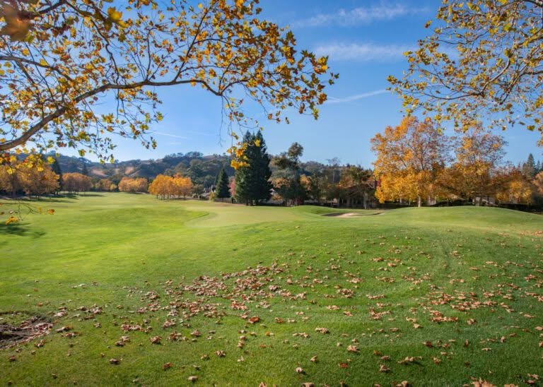 Ein Golfplatz im Herbst mit abgefallenen Blättern auf grünem Gras, Bäumen mit goldenem und orangefarbenem Laub und Hügeln im Hintergrund unter einem klaren blauen Himmel.